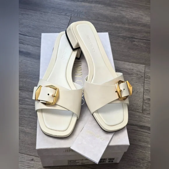 Jimmy Choo Hawke Mule Flat Latte/Gold Ladies Size 38.5 EUC Luxury Leather - Picture 1 of 13